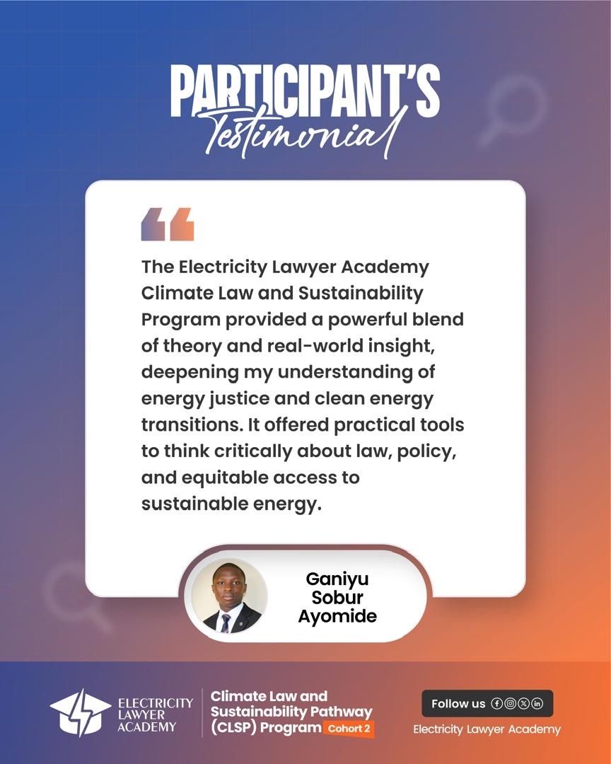 ElectricityL's tweet photo. Electricity Lawyer Academy: Participant Voices- CLSP Cohort 2

Today’s spotlight features some of our CLSP Cohort 2 participants.

👇 See their testimonials below.

#CLSP #ElectricityLawyerAcademy 
#ElectricityLawyer
#EnergyJustice #ClimateLaw #SustainableEnergyAccess https://t.co/pBwhqGbpAg