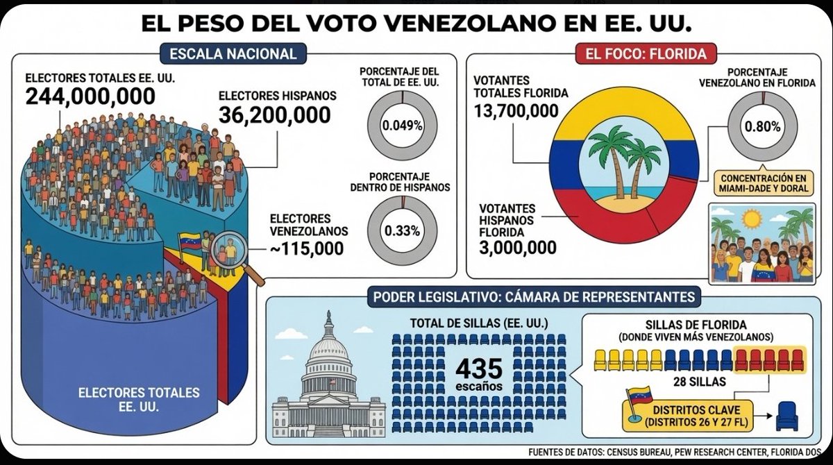 HeverCastroB's tweet photo. Varios acá me han dicho que a Trump no le interesa echarse a MCM de enemiga y retirarle todo el respaldo estadounidense porque eso no tendría ningún efecto en las futuras elecciones de medio término en noviembre de 2026.

Revisemos las estadísticas de mayor a menor.

En EE.UU hay en total 244 millones de personas que pueden votar, de los cuales 36.2 millones son hispanos con ciudadanía de ese país, y entre esos hispanos solo hay 115 a 130 mil venezolanos. Entonces desde el punto de vista macro o global es totalmente cierto, porque en elecciones generales como las presidenciales los Venezolanos solo representan el 0.05 % de la población que puede votar en los EE.UU.

¿Pero es así también en elecciones legislativas?.

Veamos este ejemplo: en la cámara baja del congreso hay 435 parlamentarios, y actualmente los Republicanos tienen 218 sillas contra 212 de los demócratas, 1 que es independiente y 4 sillas están vacantes porque renunciaron o fallecieron. La ventaja de los republicanos es de apenas 6 parlamentarios en esa cámara, y acá es donde se pone interesante.

De los 115 mil electores venezolanos como mínimo que hay en EE.UU, la mayoría está concentrada en La Florida donde hay unos 100 a 110 mil electores dentro de un padrón de 13.7 millones en total (0.80%).

¿Saben cuántos parlamentarios se eligen en la Florida?

28 en total. Es el tercer estado en los EE.UU donde se elige el mayor número de escaños después de California dónde se eligen 52 y Texas dónde se eligen 38. La Florida mete más parlamentarios a la cámara baja que Nueva York que mete 26.

¿Entonces qué significa esto?

Que aunque los venezolanos no son complemente determinantes en las urnas, si son muy importantes a la hora de unas elecciones cerradas, porque además pueden influir mucho en la narrativa y en la opinión de toda la comunidad étnica hispana en general que es la segunda más grande en los EE.UU.
Si Trump decidiera retirarle todo el respaldo a MCM e irse full con Delcy sería un combustible muy potente que los demócratas usarían en la narrativa contra los Republicanos, esto además de otros estados como Texas y Georgia donde los Venezolanos tienen bastante población y participación.

Trump sabe todo esto y por tal razón siempre va a hablar bien de MCM porque hacer lo contrario no es moral ni electoralmente conveniente.
Cuando yo hago los posts siempre veo estos números antes de escribir, no es al azar o solo por emoción. Por eso dije en ese post que a Trump no le convenía descartar a MCM y días después se confirmó.