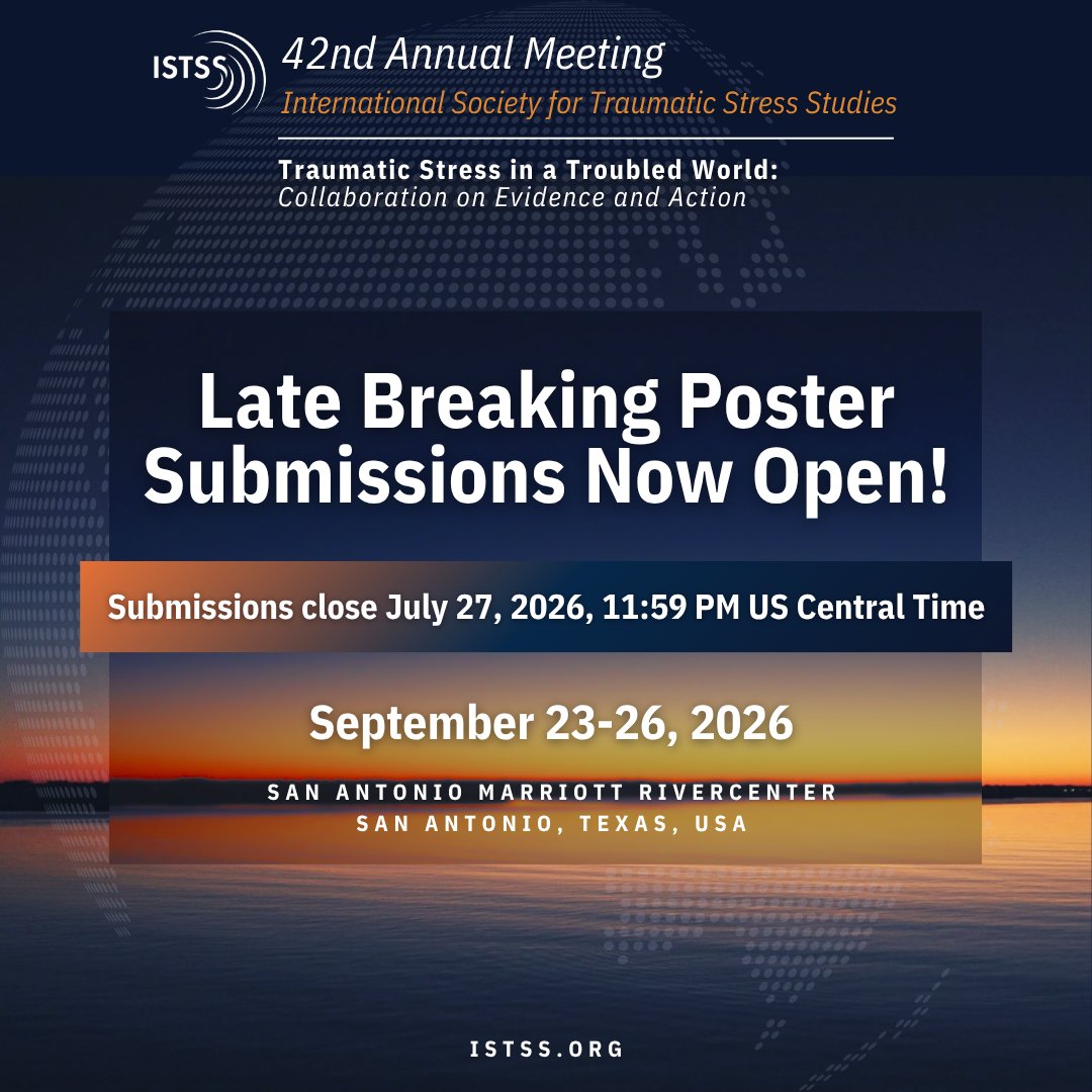 ISTSSnews's tweet photo. Don't miss the chance to be part of this international exchange of research, clinical strategies, and trauma-informed service development with a goal of improving outcomes for individuals and communities impacted by trauma around the world.
Submit Now: https://t.co/YzudNpGVhl https://t.co/NJrqXAVSUV