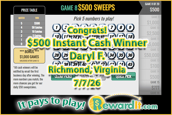 Reward_It's tweet photo. 🥳Congrats to $500 Game 8 Instant Cash #Winner, Daryl F. of Richmond, Virginia!🙌

👍Play FREE #Sweepstakes #games to #win up to $10,000,000!
👉 https://t.co/9m8phi1zgn
💰It pays to Play RewardIt! https://t.co/qcde9al0Yu