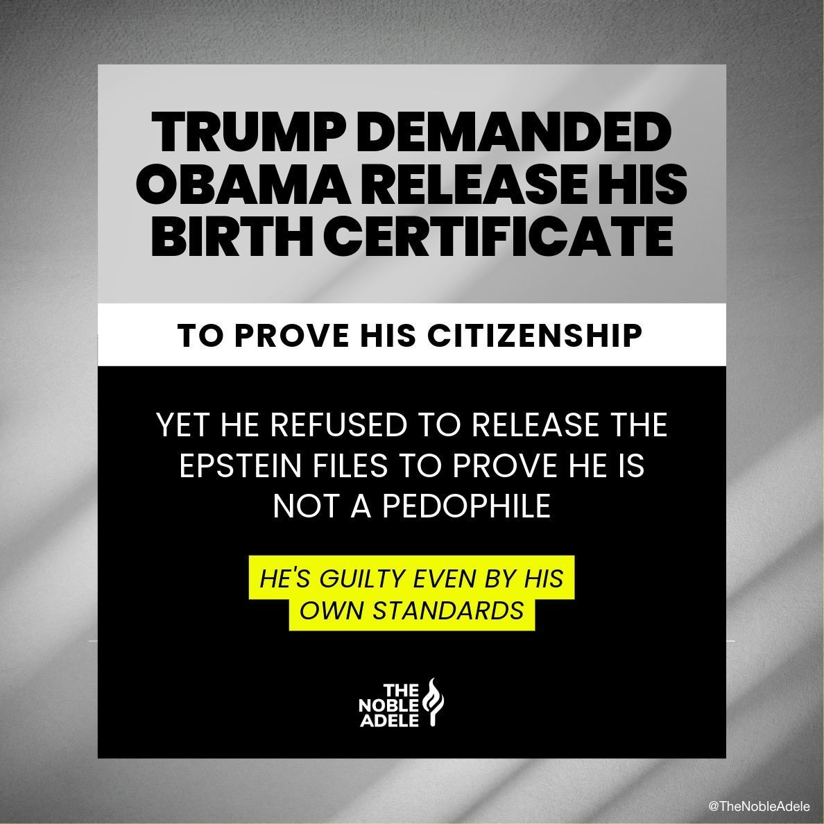 thenobleadele's tweet photo. Trump demanded Obama’s birth certificate but hides the #EpsteinFiles. How much longer? #NeverTrump https://t.co/jXWNB8QPDu