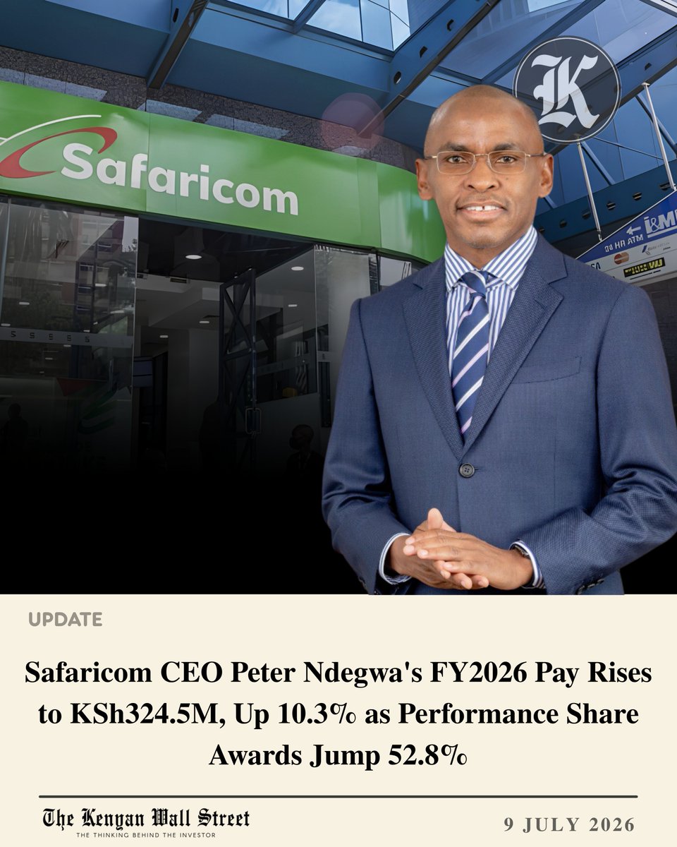 kenyanwalstreet's tweet photo. Safaricom’s record KSh 95.61 billion profit helped lift CEO Peter Ndegwa’s performance-linked awards, pushing his total remuneration up 10.3% to KSh 324.5 million in FY2026.

➠ Salary: KSh 105.4M (+6.8% YoY)
➠ Cash bonus: KSh 118.5M (+1.5%)
➠ Performance share award: KSh 69.2M (+52.8%)
➠ Non-cash benefits: KSh 31.4M (-6.3%)