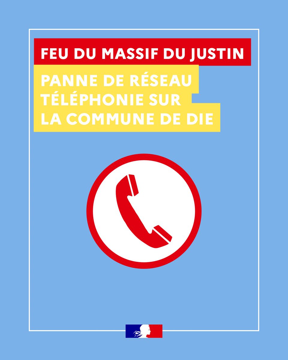 Prefet26's tweet photo. ⚠️ Information – Secteur du Diois

À la suite de l’incendie en cours dans le massif du Justin, une partie du réseau sur le secteur du Diois est actuellement affecté par une perturbation.

Les opérateurs sont mobilisés afin de rétablir le service dans les meilleurs délais.

📢 Les services de l’État et les services de secours restent pleinement mobilisés. Nous invitons chacun à suivre uniquement les informations diffusées par les canaux officiels de la préfecture de la Drôme et du SDIS de la Drôme.