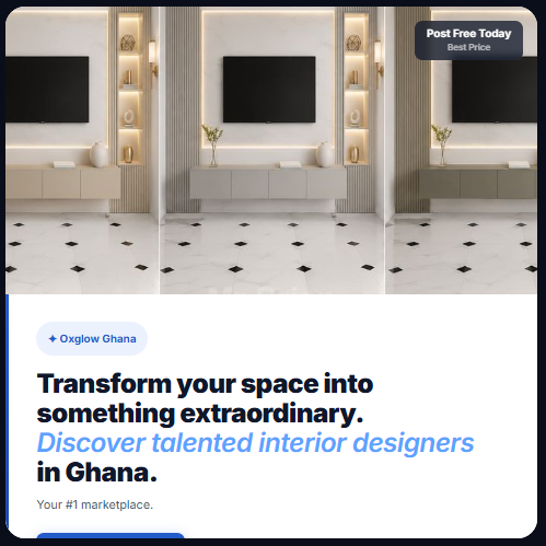 oxglow's tweet photo. Every space has the potential to inspire. Connect with trusted interior designers across Ghana, only on Oxglow.

Tap the link in our bio and design a space that reflects your style.

#Ghana #Oxglow #HomeInspiration https://t.co/QWjU2WnQJR