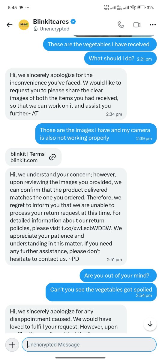 unknow123r's tweet photo. @blinkitcares @Blinkit customer care doesn't have eyes or they are using just copy paste what non sense is this https://t.co/qbogTlGUvN