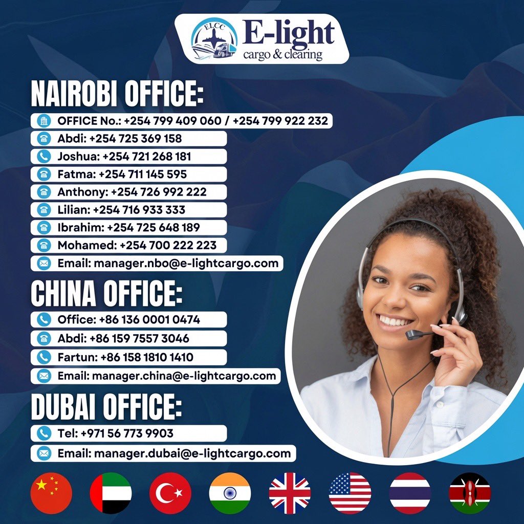 amasam58's tweet photo. ☀️ HAPPY FRIDAY from E-Light Cargo & Clearing!

Thank you for trusting us with your shipments this week — wishing you a joyful and restful weekend! 🙏📦

Whenever you're ready to import, our team across the world is just a call away. We ship from China 🇨🇳 Dubai 🇦🇪 Turkey 🇹🇷 India 🇮🇳 UK 🇬🇧 USA 🇺🇸 & Thailand 🇹🇭 — straight to Kenya by Air & Sea. ✈️🚢

✅ Air Freight • Sea Freight • Road Freight • Customs Clearance
🌟 Why choose us? Reliable • Fast • Secure • Expert Team • Competitive Pricing • Global Reach

📞 REACH OUR TEAM ANYTIME:

🇰🇪 NAIROBI OFFICE:
Office: +254 799 409 060 / +254 799 922 232
Abdi: +254 725 369 158 | Joshua: +254 721 268 181
Fatma: +254 711 145 595 | Anthony: +254 726 992 222
Lilian: +254 716 933 333 | Ibrahim: +254 725 648 189
Mohamed: +254 700 222 223
📧 manager.nbo@e-lightcargo.com

🇨🇳 CHINA OFFICE:
Office: +86 136 0001 0474
Abdi: +86 159 7557 3046 | Fartun: +86 158 1810 1410
📧 manager.china@e-lightcargo.com

🇦🇪 DUBAI OFFICE:
Tel: +971 56 773 9903
📧 manager.dubai@e-lightcargo.com

🌐 https://t.co/0DLDKqo8JQ

Your Cargo. Our Commitment. Have a blessed weekend! 🤝

#HappyFriday #ELightCargo #ChinaToKenya #DubaiToKenya #FreightKenya #CargoAndClearing #ImportKenya #LogisticsKenya
