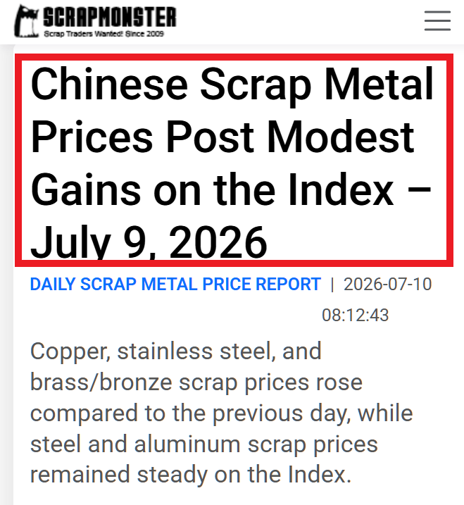 kfkcf95827529's tweet photo. Yo metals crowd, here’s the part of the China scrap data that grabbed me immediately.

#1 Copper Bare Bright, #1 Copper Wire and Tubing, and #2 Copper Wire and Tubing all rose by CNY 400/t on July 9. Even lower-recovery material moved: 85% insulated copper wire gained CNY 200/t, while 50% recovery wire added CNY 50/t.

Meanwhile, major aluminum scrap categories stayed flat.

To me, that says buyers are still paying up for copper-bearing material across multiple quality grades. Scrap markets sit close to real industrial demand, so I pay attention when the move spreads beyond one category.

That is why I keep watching $NRED / $NREDF. Recycling helps stretch supply, but AI data centers, grids, EVs and electrification still need fresh copper. NovaRed Mining Inc. is using MetalCore’s 4.1M+ records to sharpen copper-gold-platinum targets at Wilmac in BC.

Don’t follow blindly. Use this as a starting point for your own research.

$QQQ $IBRX $NVDA