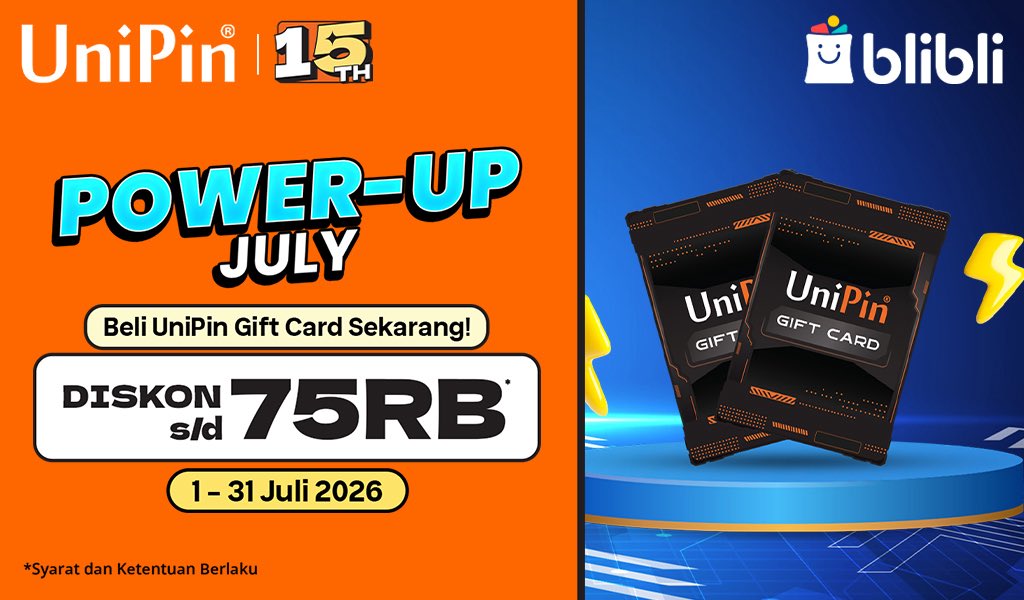 UniPinIndonesia's tweet photo. SAATNYA POWER UP GAME LO! 🫵🏻

Beli UniPin Gift Card di Blibli dan nikmati DISKON s/d 75RB sepanjang bulan ini (1-31 Juli 2026) 🎉 

Jangan sampai kelewatan, yuk check out sekarang!

 *S&amp;K berlaku. 

#UniPin #Blibli #PromoJuly https://t.co/CT0p0QeAYN