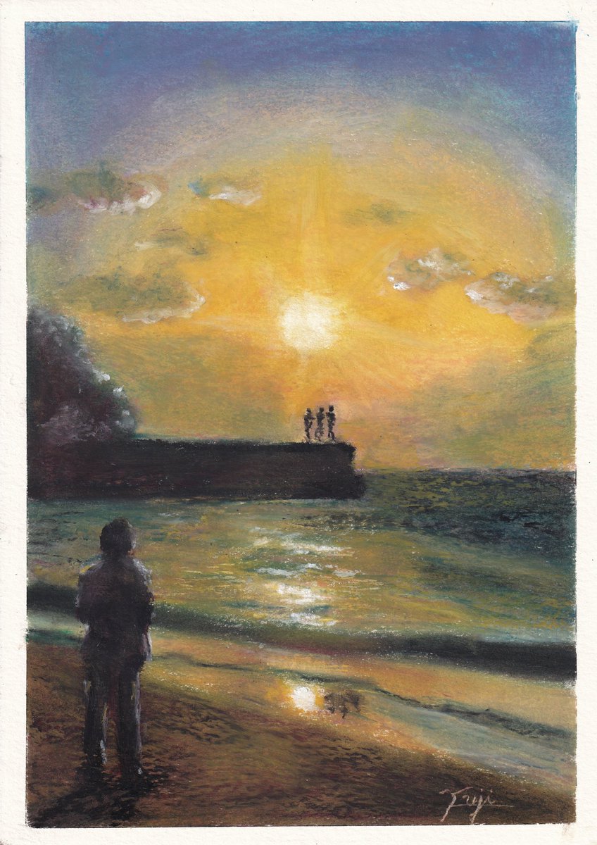 新作です✨️ 夕暮れの海を描きました🖍 アルビレオ水彩紙(B5)に