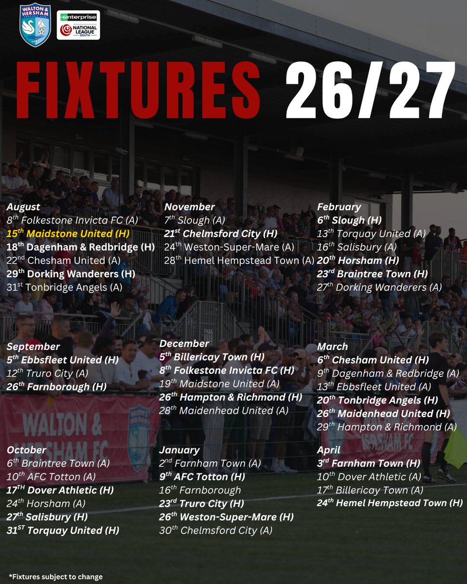 waltonhershamfc's tweet photo. 🗓️ Our @NL_Enterprise South fixtures. 🙌

What game(s) are you looking forward to the most?  🦢 https://t.co/xRtRAnrhX5