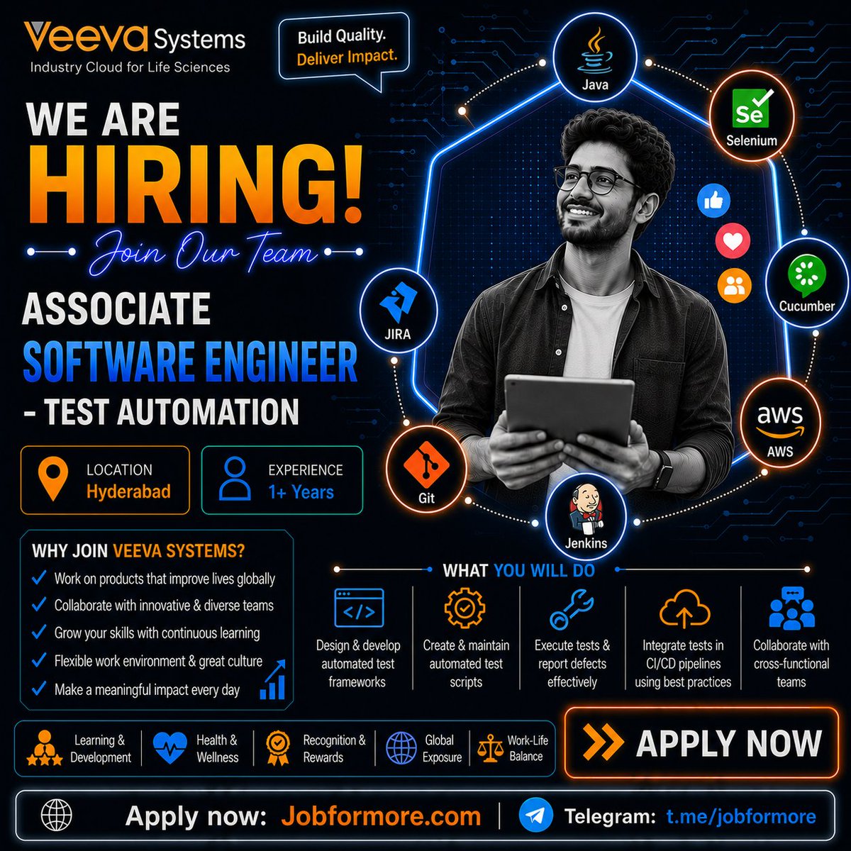 jobformore's tweet photo. 🚀 Associate Software Engineer - Test Automation @ Veeva Systems
📍 Hyderabad | 1+ Years
🎓 BE/BTech
💻 Java, Selenium, Cucumber, AWS, Jenkins, Git, JIRA
#Jobformore #VeevaSystems #TestAutomation #HyderabadJobs #TechJobs
Apply: https://t.co/wmf9vTrc2h https://t.co/XXeKgusJyw