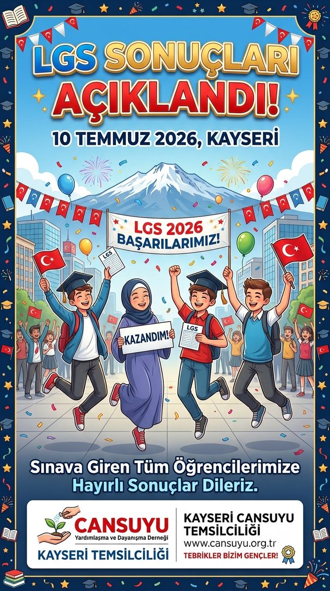 cansuyukayseri's tweet photo. LGS 2026 açıklandı. Cansuyu Kayseri olarak alınan sonuçların çocuklarımıza hayırlar getirmesini temenni ederiz. Sonuçlara https://t.co/2vtFRuUD5d üzerinden ulaşabilirsiniz. Cansuyu sizi gerçek muhtaçlara ulaştırır. @cansuyudernegi @cansuyukayseri #hayırlıcumalar #meb #eğitim https://t.co/LCIjyFW8iq