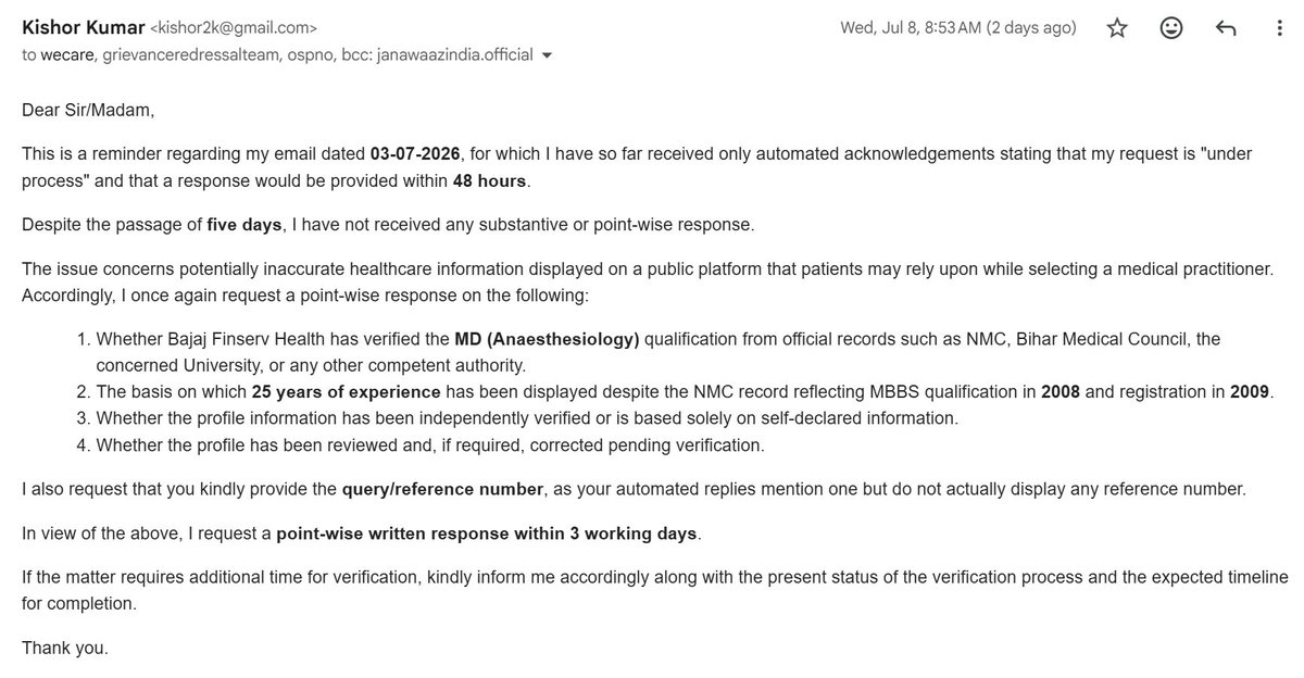 KishorK_Talks's tweet photo. Dear @Bajaj_Finserv, healthcare platforms should ensure doctor qualifications and experience displayed to patients are verified. My request has received only automated responses for 7 days. Kindly investigate and provide a point-wise reply. #PatientRights #HealthcareTransparency https://t.co/OLZcuN0At2
