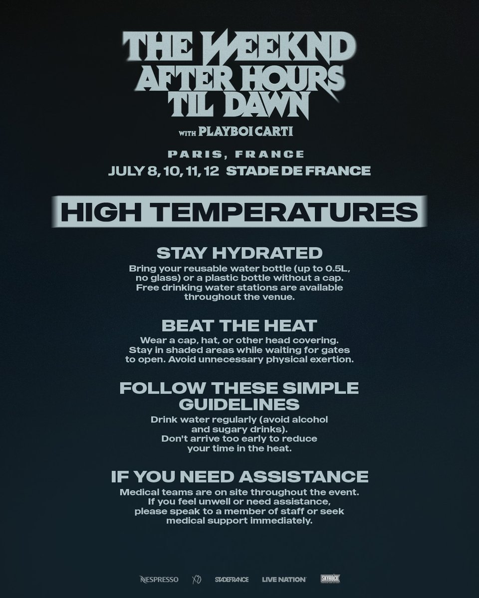 StadeFrance's tweet photo. 🔥 J2 : préparez votre venue pour The Weeknd au @StadeFrance ! 

🏟️ Ouverture des portes: 17h30 
⏰ Début des 1ères parties: 19h 
🚇 Privilégiez les transports en commun 
🌡️ Vigilance fortes chaleurs 
🚭 Interdiction de fumer dans le Stade 

ℹ️ Les infos : https://t.co/vKNHE5CWyr https://t.co/jnXzPf4cJH