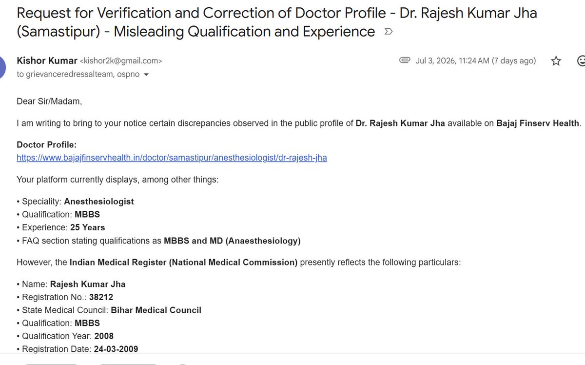 KishorK_Talks's tweet photo. Dear @Bajaj_Finserv, healthcare platforms should ensure doctor qualifications and experience displayed to patients are verified. My request has received only automated responses for 7 days. Kindly investigate and provide a point-wise reply. #PatientRights #HealthcareTransparency https://t.co/OLZcuN0At2