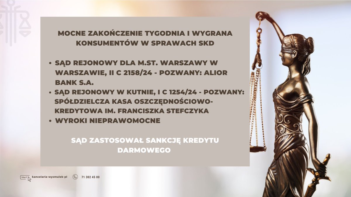 SysloPawel's tweet photo. !Mocne zakończenie tygodnia i wygrana konsumentów w sprawach SKD!

1. SR dla m. st. Warszawy II C 2158/24 zasądził 17.970,92 zł 
2. SR w Kutnie I C 1254/24 zasądził 3.815,60 zł
wraz z odsetkami i kosztami procesu.

Wyroki są nieprawomocne.
@Wysmulek_Kar https://t.co/tZCojSwE9K