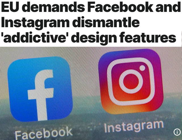 PPNL_Actie's tweet photo. De EU dreigt Meta met een boete van 12 miljard euro, tenzij ze de verslavende designelementen van Facebook en Instagram, zoals autoplay en oneindig scrollen, verwijderen. #EU🇪🇺#DSA
🇬🇧 https://t.co/S5V9vSBm4t
🇳🇱 https://t.co/gUSOhtDtsE https://t.co/L6FyfxYDpQ