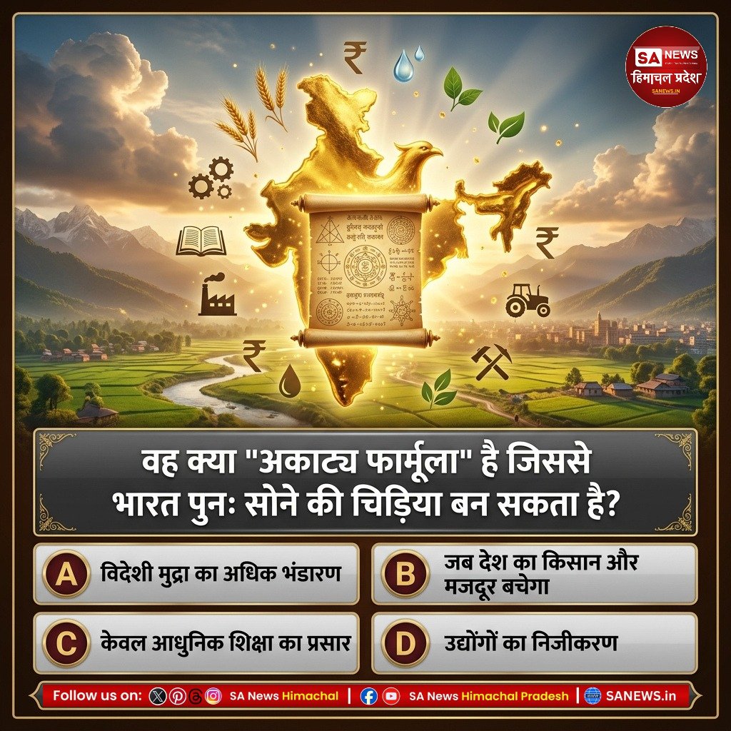 sanewshimachal's tweet photo. वह क्या "अकाट्य फार्मूला" है जिससे भारत पुनः सोने की चिड़िया बन सकता है?

A. विदेशी मुद्रा का अधिक भंडारण

B. जब देश का किसान और मजदूर बचेगा 

C. केवल आधुनिक शिक्षा का प्रसार

D. उद्योंगों का निजीकरण

#PollOfTheDay #spritual #quiz #Economy #india #hindustan #generalknowledge https://t.co/ilNX01U7S8