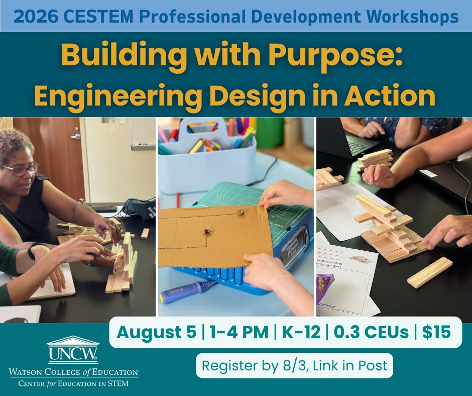 CESTEM_UNCW's tweet photo. Design. Build. Test. Improve.

Explore the Engineering Design Process through hands-on challenges using KEVA Planks and the Chomp Saw. 

Join us Aug. 5! 🔗 https://t.co/ubVcOHIPgv https://t.co/u9298vqOhS