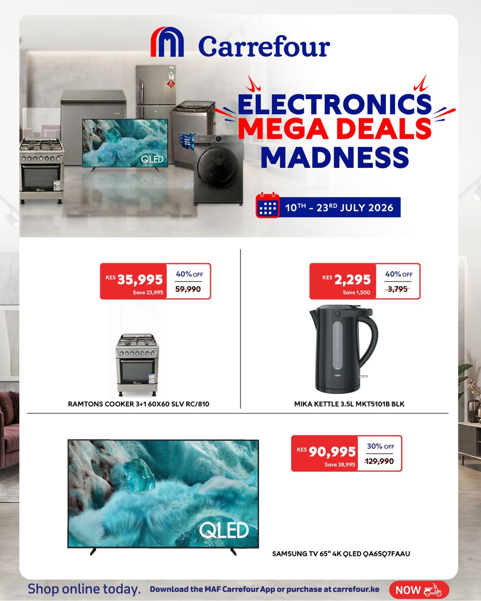 CarrefourKe's tweet photo. Bring home the latest tech without stretching your budget.

Enjoy unbeatable deals on electronics, only at #CarrefourKenya. https://t.co/1qbkq1Q3wq