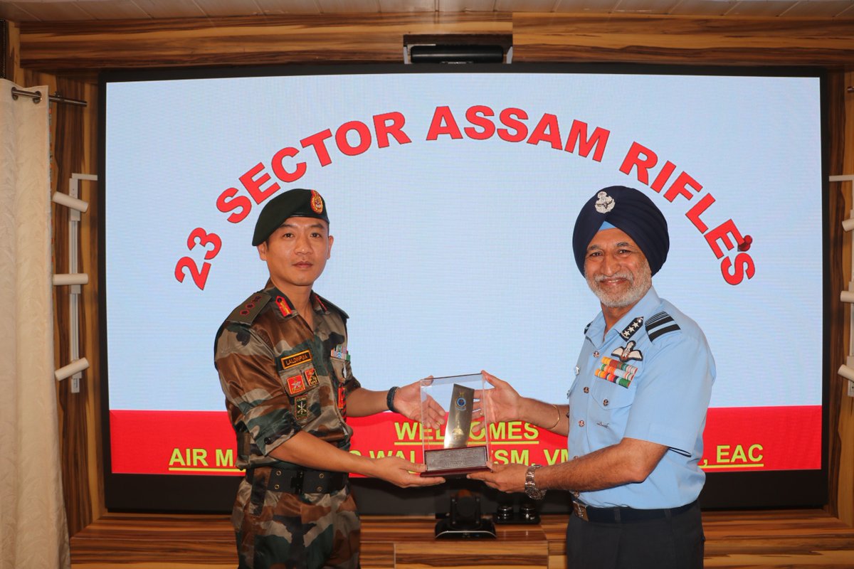 official_dgar's tweet photo. AIR MARSHAL IS WALIA, AVSM, VM, AOC-IN-C, EASTERN AIR COMMAND, VISITS HQ 23 SECTOR ASSAM RIFLES, AIZAWL
Air Marshal IS Walia, AVSM, VM, AOC-IN-C, Eastern Air Command, visited HQ 23 Sector Assam Rifles on 09 July 2026. He was briefed by Colonel Laldinpuia, Comandant, 34 Assam Rifles about the Operational Role and anti narcotic and operations undertaken by the force. The Air Marshal appreciated and complimented the efforts of Assam Rifles.
 
#friendsofthenortheast #sentinelsofnortheast #OperationalReadiness #CommunityFirst #NationFirst #ServiceBeforeSelf #GuardiansOfTheNation

@HMOIndia @EAC_IAF @adgpi @PIBHomeAffairs