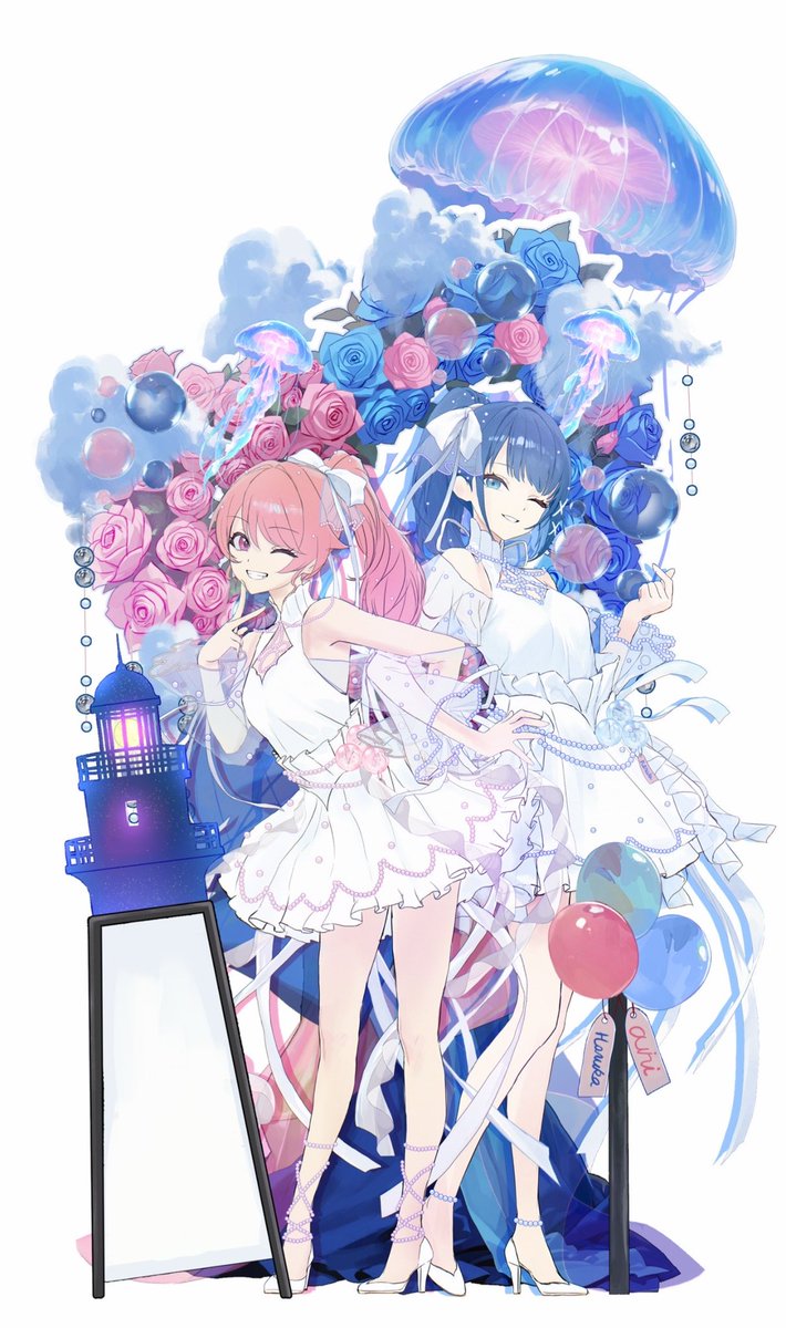 bousou_tosyokan's tweet photo. 「プロセカ6th感謝祭」のために制作した、桃井愛莉＆桐谷遥のフラスタ💫

キャラクターの立ち絵は、「スーパーへーロー」2DMVの衣装デザインを参考にし、さらにMVに登場する🌊、☁️、🪼、🫧を取り入れ、フラスタ全体の基本モチーフとして表現しました！

イラスト担当はこちら➡️@jyuugokun https://t.co/GjQtkgPeQG