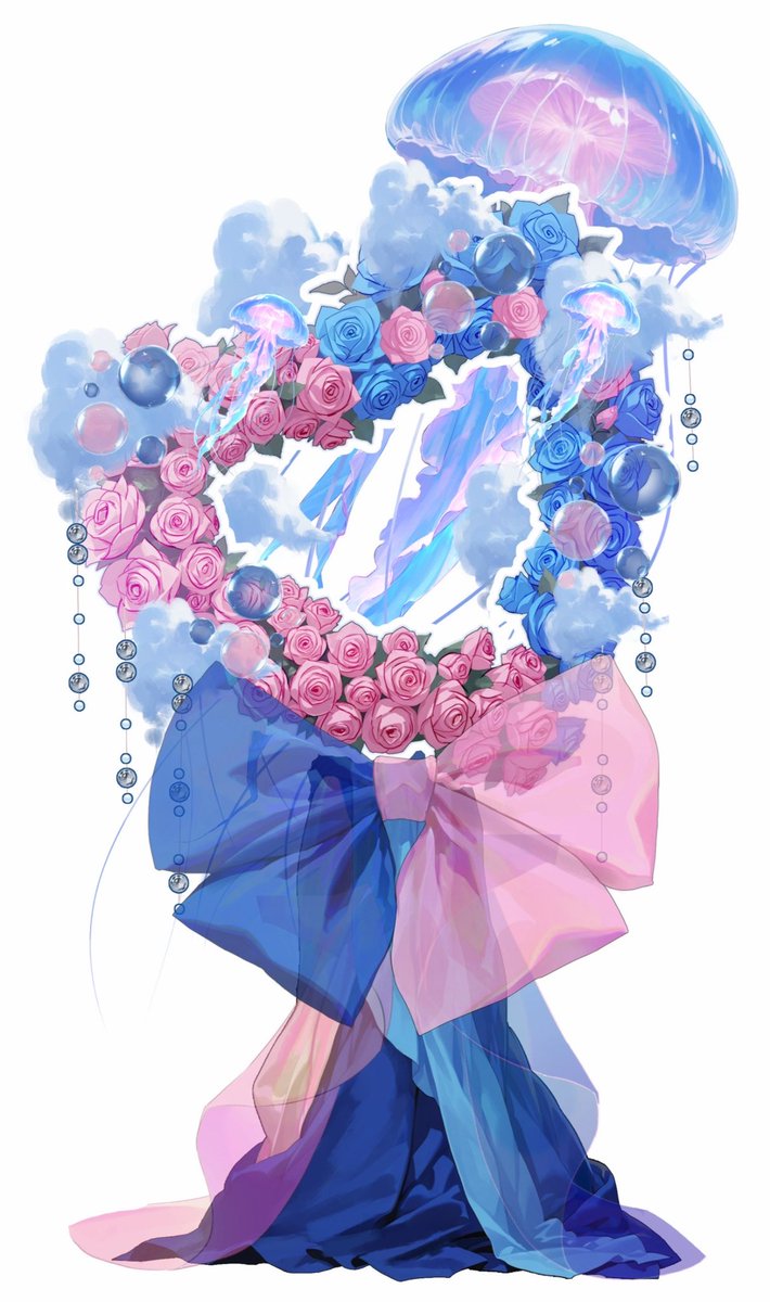 bousou_tosyokan's tweet photo. 「プロセカ6th感謝祭」のために制作した、桃井愛莉＆桐谷遥のフラスタ💫

キャラクターの立ち絵は、「スーパーへーロー」2DMVの衣装デザインを参考にし、さらにMVに登場する🌊、☁️、🪼、🫧を取り入れ、フラスタ全体の基本モチーフとして表現しました！

イラスト担当はこちら➡️@jyuugokun https://t.co/GjQtkgPeQG