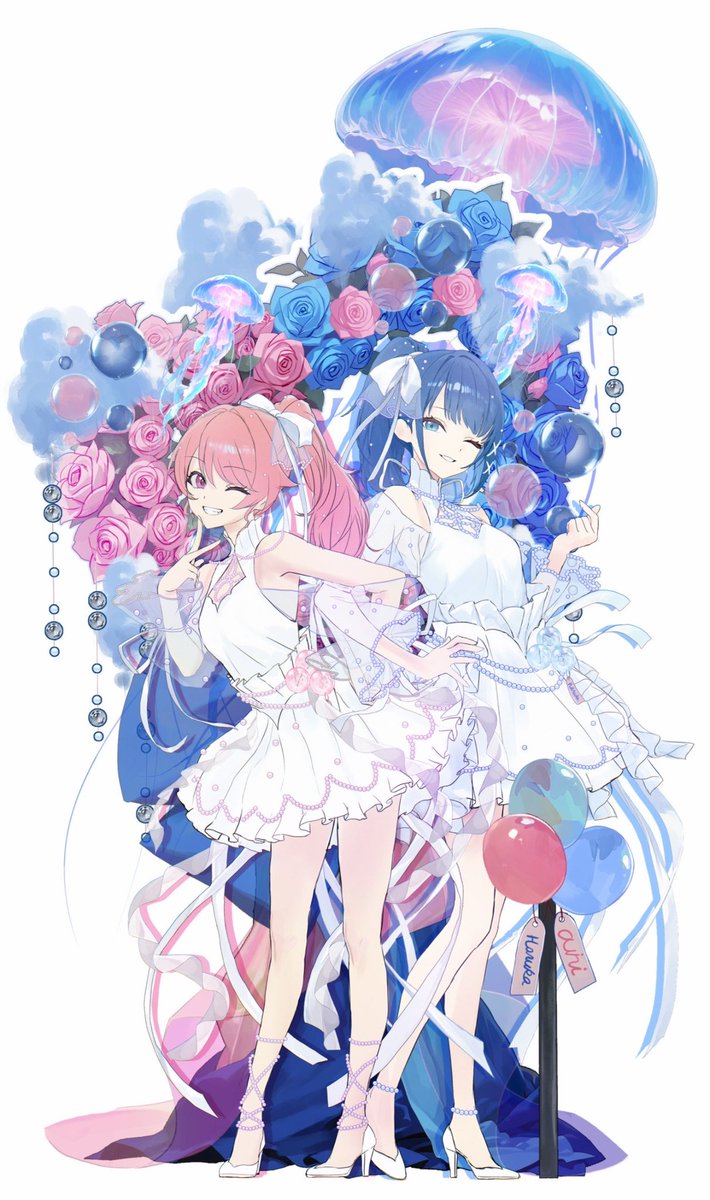 bousou_tosyokan's tweet photo. 「プロセカ6th感謝祭」のために制作した、桃井愛莉＆桐谷遥のフラスタ💫

キャラクターの立ち絵は、「スーパーへーロー」2DMVの衣装デザインを参考にし、さらにMVに登場する🌊、☁️、🪼、🫧を取り入れ、フラスタ全体の基本モチーフとして表現しました！

イラスト担当はこちら➡️@jyuugokun https://t.co/GjQtkgPeQG