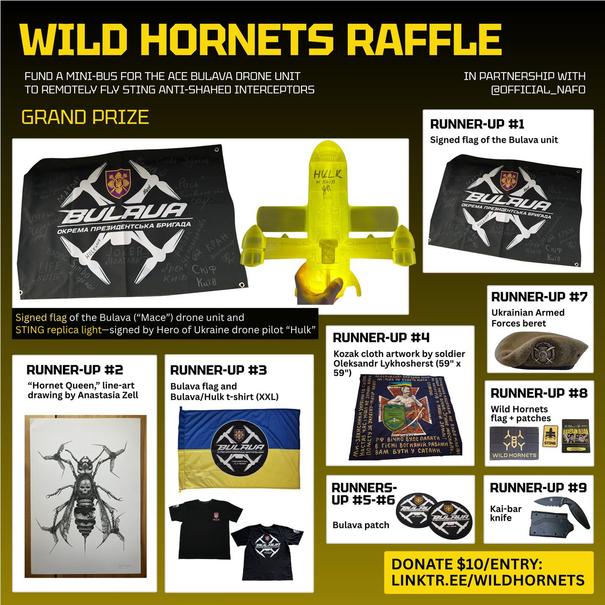 ArmedMaidan's tweet photo. @toonie_tuesday @CanadianKobzar @FellaSam79 @20gimsack @Cydsinc @JolokiaTheSpicy @HaraldThorvald1 Friday Fivers for the Wild Hornets raffle partnering for the first time with @Official_NAFO

Join us to boost air defense—help fund a mini-bus for the @BULAVA_FPV interceptor unit

$500 = named STING + guaranteed strike video
https://t.co/ovGGSgHLSb https://t.co/NFrOfjBa0R