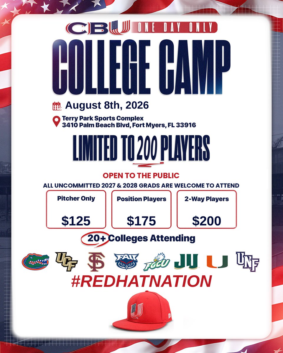 CBU_FL's tweet photo. NEW SCHOOLS BEING ADDED DAILY ⬇️

⚾️2026 COLLEGE CAMP ⚾️

📣: REGISTRATION FOR OUR ANNUAL 1-day CBU college camp in Ft Myers, August 8th is NOW OPEN TO THE PUBLIC 📣

There is a strict cap of 200 players at this event and it sells out annually. 

👉PLEASE NOTE THIS IS DOES NOT SERVE AS A CBU TRYOUT, CBU ONLY DOES TRYOUTS 1 TIME PER YEAR IN JANUARY , BUT THIS IS OPEN TO EVERYONE👈

August 8th  is a prospect camp where players will work out in front of 20 different colleges to help with their recruitment. 

👀👉Last year 2️⃣1️⃣ players were signed out of this camp. 

Registration is open to all uncommitted 2027-2028 players 

Please see the following link to sign up or use the link in the bio: 

https://t.co/oaVRocKB60
