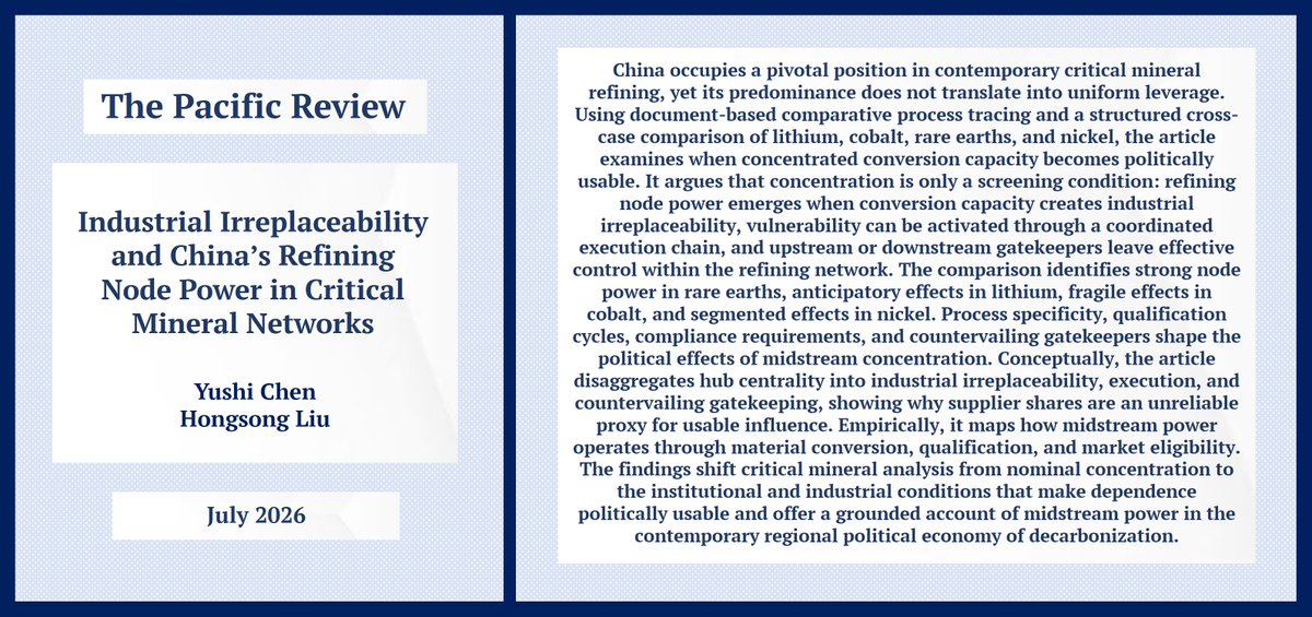 ReviewPacific's tweet photo. ‘Industrial irreplaceability and #China’s refining node power in critical mineral networks.’ https://t.co/bCdgk8iBaC

New article by Yushi Chen and Hongsong Liu ⤵️ https://t.co/0NGh3brYm5