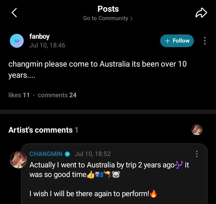 MaxChangmin_ID's tweet photo. [10.7.26] Changmin reply to fans on Weverse
🔗https://t.co/F515bSwn2d

🎈"changmin please come to Australia its been over 10 years...."
↪️🦌"Actually I went to Australia by trip 2 years ago🎶 it was so good time👍🇦🇺🦘🐨

I wish I will be there again to perform!🔥"

#최강창민 https://t.co/pngPXizU4X