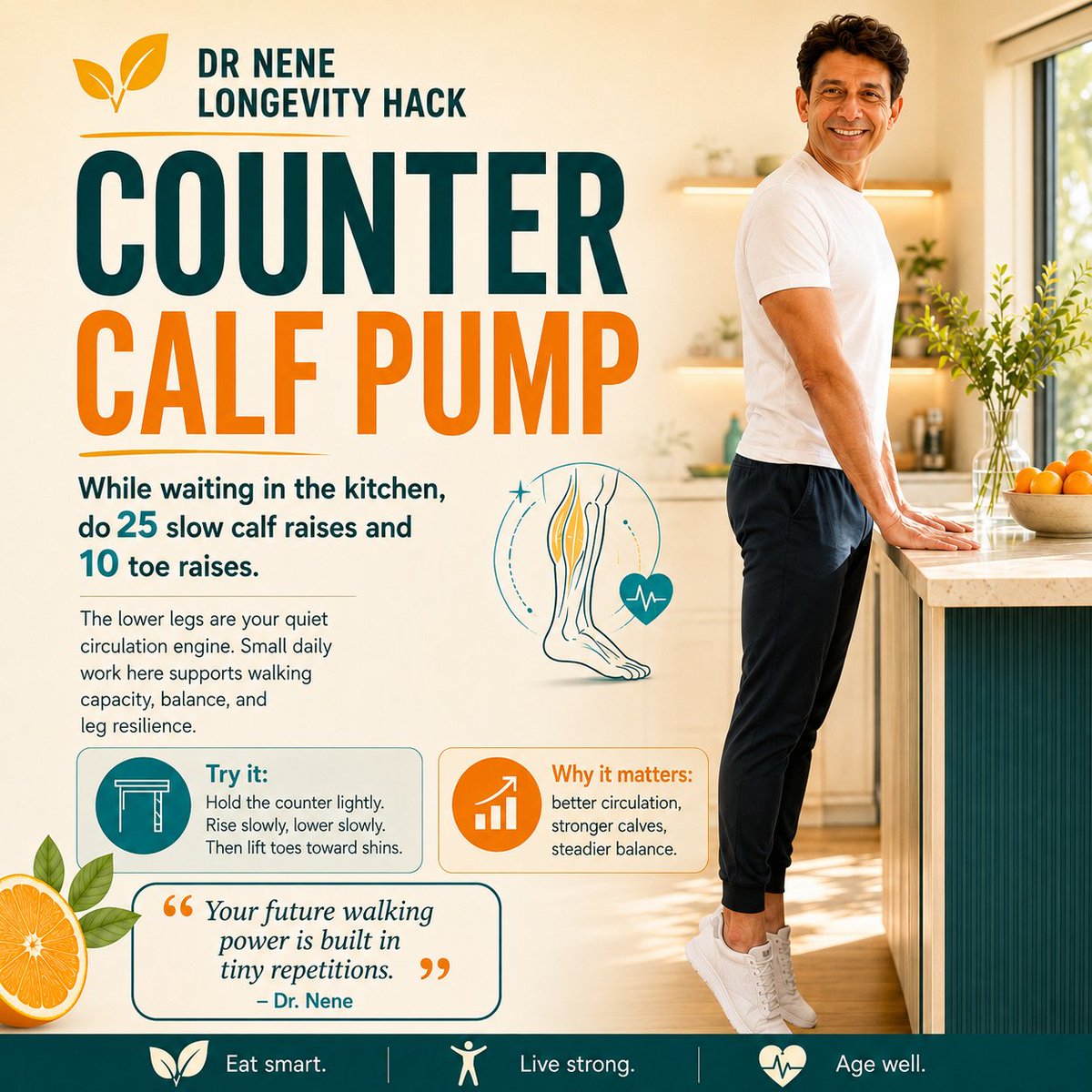 DoctorNene's tweet photo. Your calves are your quiet walking engine.

A few slow raises while waiting in the kitchen can support balance, circulation, ankle strength, and future walking power.

Small reps today. Stronger steps tomorrow.

#LongevityHacks #HealthyAging #MovementSnack #DrNene https://t.co/BE6tPONCJU
