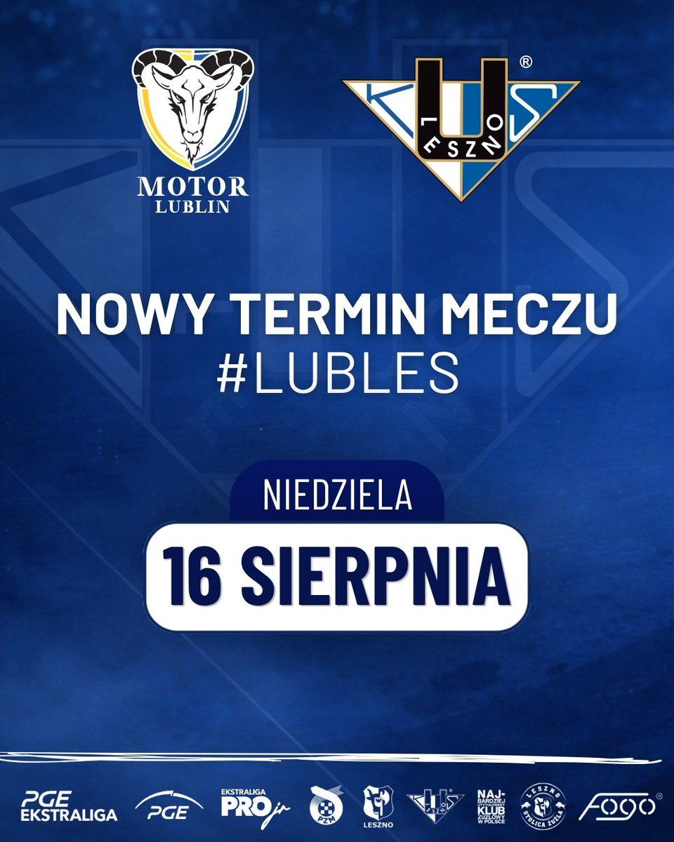 UniaLesznoKS's tweet photo. 🚨 UWAGA: ZMIANA TERMINU MECZU W LUBLINIE 🚨
📆 Na teren wicemistrzów Polski pojedziemy w niedzielę, 16 sierpnia
ℹ️ Godzinę rozpoczęcia meczu poznamy w późniejszym terminie.
#LUBLES #KSUL ⚪️🔵🤟🏼 #PGEEkstraliga #PGEE #UniaLeszno #StolicaŻużla https://t.co/tMFZLLMQwj
