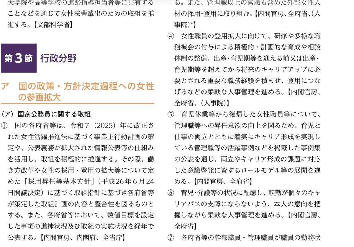 awx0djcIWO81498's tweet photo. 男女共同参画白書の今後の施策がエグい。

・各政党に女性候補者の数値目標の設定及びクオータ等の制定を要請
・弁護士、裁判官、検事の女性割合を高めるよう要請
・行政職員、警察、消防の女性比率拡大 https://t.co/UXTgIg51jQ