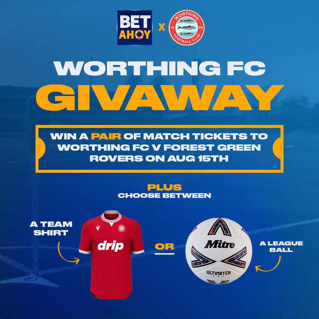 BetAhoyUK's tweet photo. Worthing Fixture Release Giveaway 🎟️
Win Two Home Tickets To @WorthingFC First Ever Home @NL_Enterprise Fixture vs @FGRFC_Official !

To enter:
✅ Like this post
🔁 RT this post
➕ Follow @BetAhoyUK 

Entries close midday Friday 17th. Winner announced later that day🛟
18+ | T&Cs apply | https://t.co/gHZdywJJuI
#UpTheRebels #WorthingFC