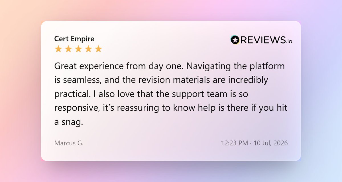 CertEmpire's tweet photo. ⭐ Another 5-star Cert Empire review!

Marcus praised our seamless platform, practical revision materials, and responsive support. Stay consistent, prepare smarter, and move confidently toward your certification goals.

#CertEmpire #ExamPreparation #ITCertification https://t.co/w4pn6XZ1Lx