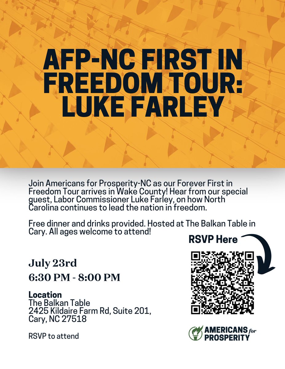 wakegop's tweet photo. Join @AFPNC as they feature NCDOL Commissioner @LukeFarleyNC ! https://t.co/5BQqK33peN