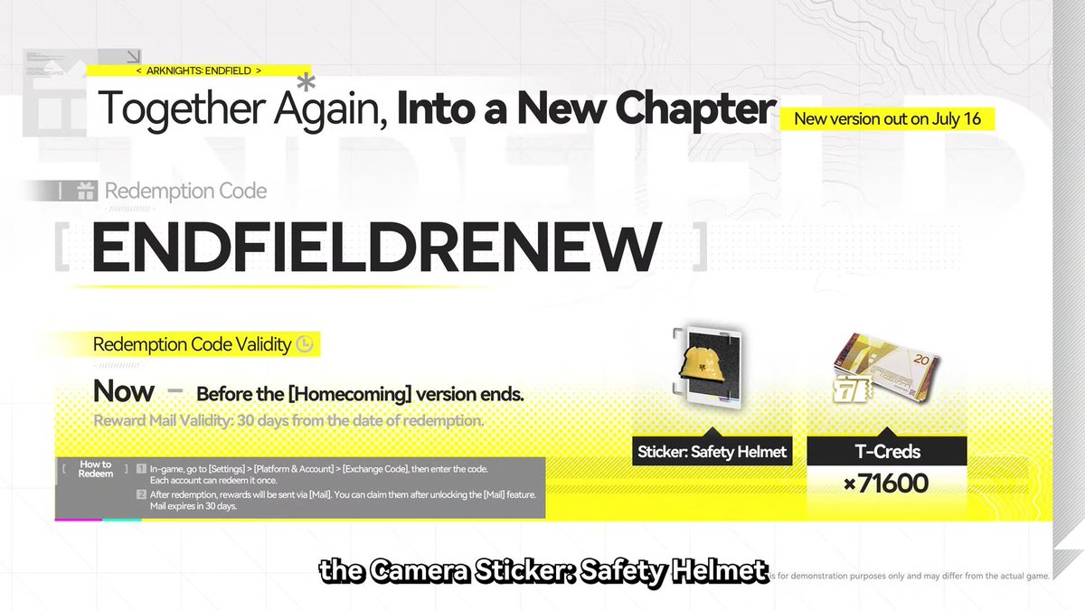 Endfield_Game8's tweet photo. Version 1.4 New Redemption Code:
• ENDFIELDRENEW

A new redemption code for Endfield has been revealed during the livestream! Players can input the code above to get a Sticker: Safety Helmet and 71,600 T-Creds. https://t.co/KneQuM1YfH