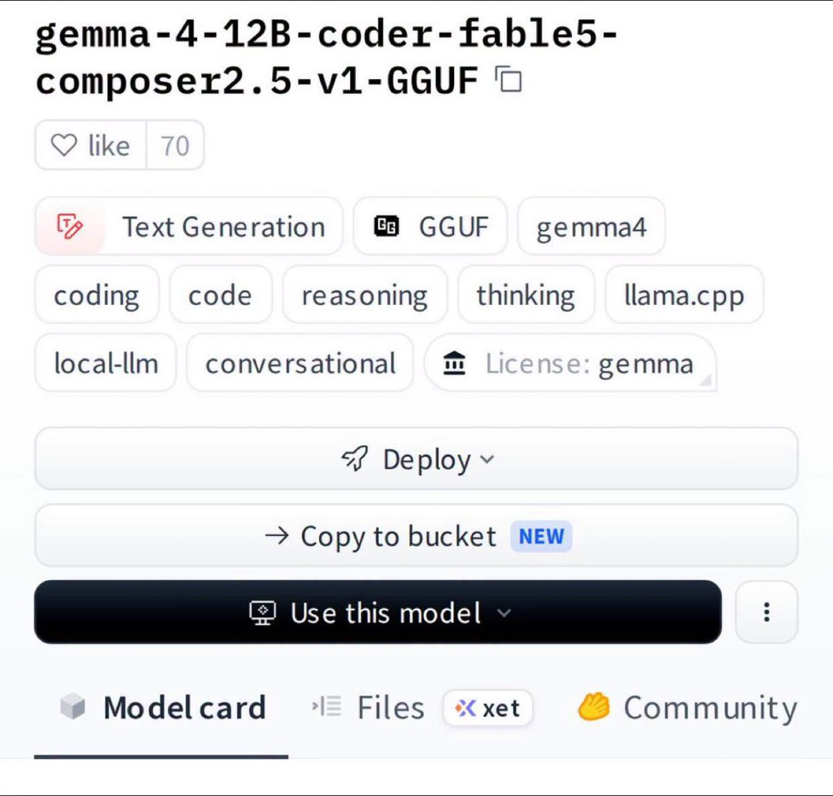 0x0SojalSec's tweet photo. Gemma 4 12B Coder-Fable-5 reasoning dropped and it’s running higher level reasoning completely offline on your laptop.

Google’s latest 12B beast, quantized for llama.cpp. 

Code completion, debugging, complex algorithms all local, private, and blazing fast on 12GB+ VRAM. https://t.co/qIBhxexZJd