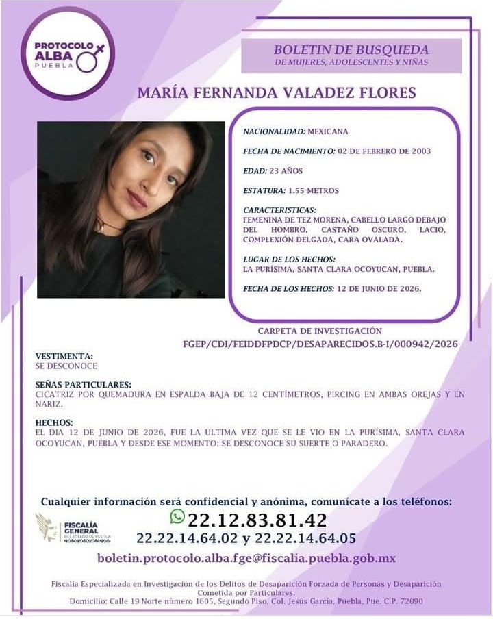 JCarlos_Valerio's tweet photo. #ServicioSocial || Solicitamos su ayuda para localizar a María Fernanda Valadez Flores de 23 años de edad. Fue vista por última vez el 12 de junio de 2026, en Santa Clara Ocoyucan, #Puebla. Inf. 221 283 8142, 222 214 6402 o al 222 214 6405. https://t.co/k0VobvLPqB