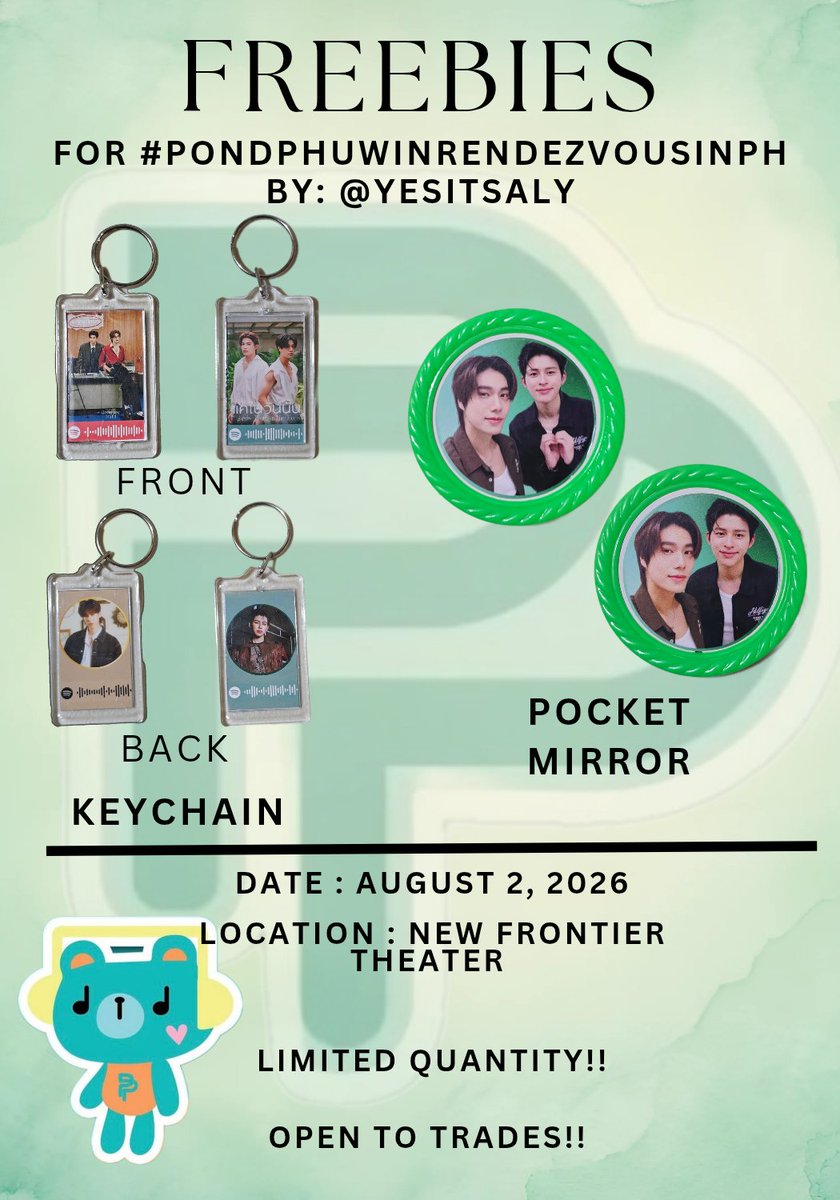 YesitsAly's tweet photo. Giveaway/Freebies for #PondPhuwinRendezvousInPH

📍 Location :  New Frontier Theater
📅 Date : August 2, 2026
😊 Open to trade, please dm me 

See you!! 

#PondPhuwin https://t.co/O9TaMxa7ex