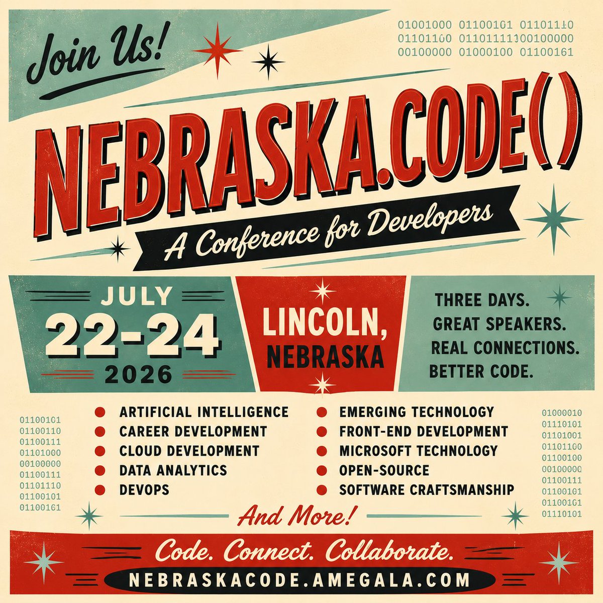 amegala's tweet photo. Ready to level up your development skills?

Join us at Nebraska.Code() 
• July 22–24 
• Lincoln, Nebraska

🔴 Artificial Intelligence
🔴 Career Development
🔴 Cloud Development
🔴 Data Analytics
🔴 DevOps
🔴 Emerging Technology
🔴 Front-End Development
🔴 Microsoft Technology
🔴 Open-Source
🔴 Software Craftsmanship
🔴 And More!

🎟️ https://t.co/bkqikbH08o

#TechConference #DevCommunity #NebraskaCode