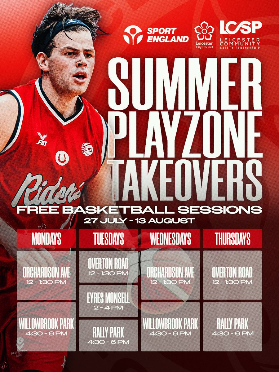 RidersBF's tweet photo. 🏀 SUMMER PLAYZONE TAKEOVERS! 🏀

FREE junior basketball sessions across Leicester this summer 🗓️

Sign up now via the link in our bio! 🔥

See you on the court! 🏀👇 https://t.co/oTAe1Ot92H
