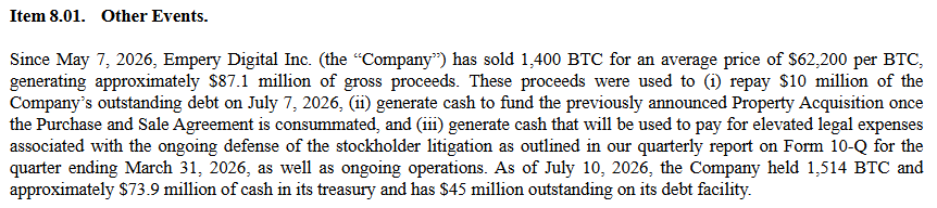 kmpcapital's tweet photo. $EMPD things are moving quickly, was a bit worried they'd gamble on BTC price action the next couple months but they already sold half their BTC holdings to fund the JV stake. https://t.co/lHhgUmG1lL