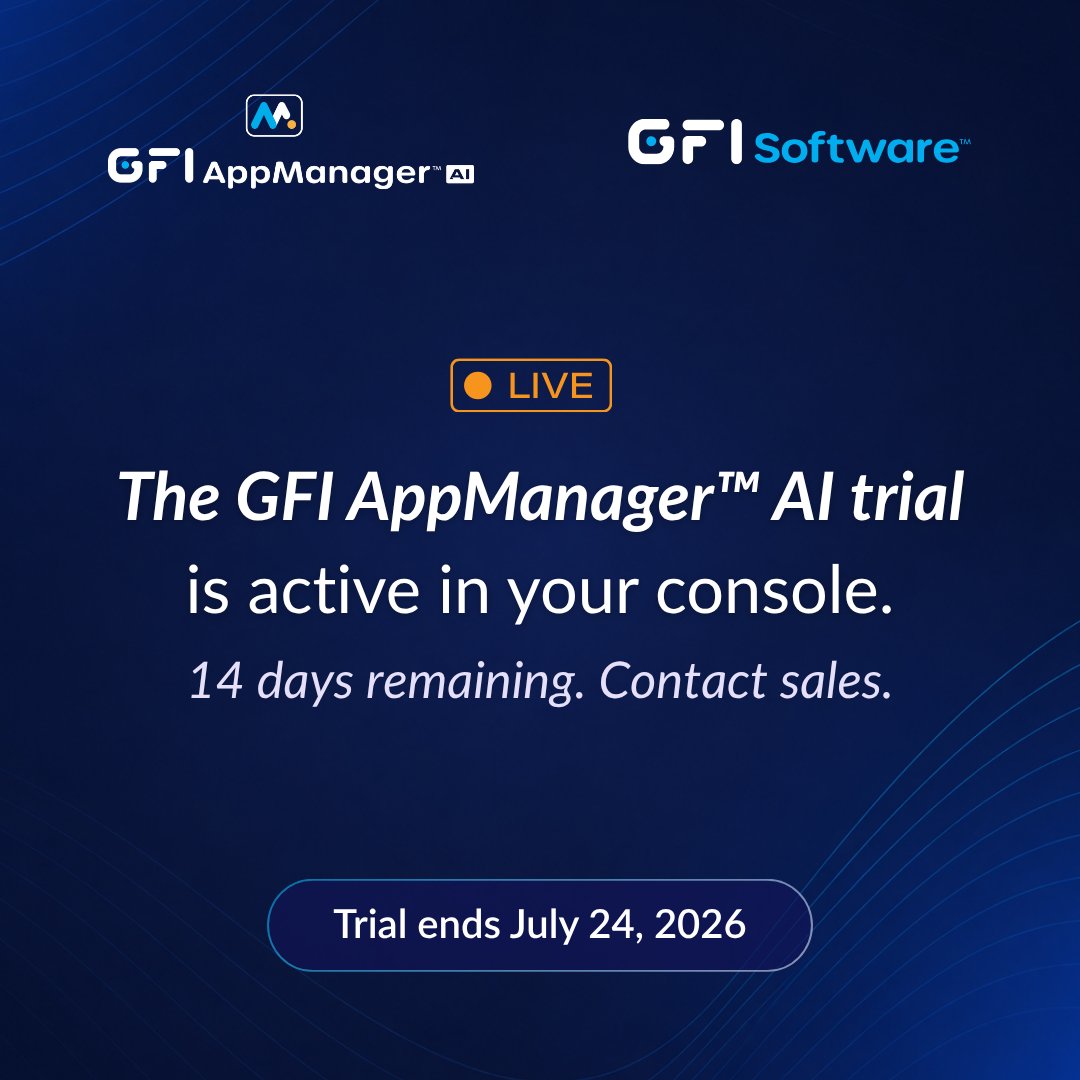 GFISoftware's tweet photo. 14 days left on the GFI AppManager™ AI trial.

The questions worth asking now are the ones that have not had time to surface yet. License inventory. Stale access. The audit gap that has been waiting.

Trial ends July 24.

See more: https://t.co/Xlue2RDS7T

#GFIAppManagerAI https://t.co/Ec7zKUV0V4