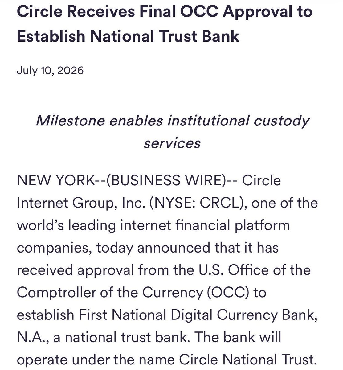 thisisksa's tweet photo. Circle has received final OCC approval to establish a U.S. National Trust Bank.

$CRCL shares jumped 8%+ in pre-market as the company moves closer to launching regulated digital asset custody services. 🚀 https://t.co/n8Yv1RRW5I