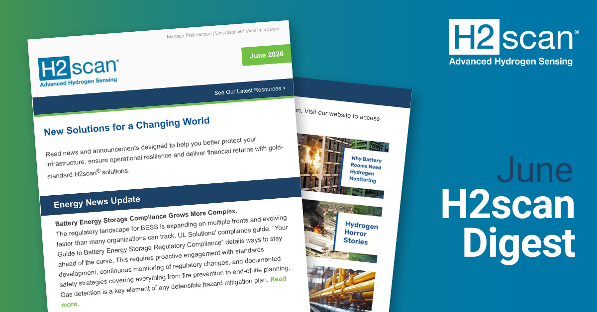 H2scanCorp's tweet photo. See our latest newsletter.​ This edition covers battery energy storage compliance, UPS market surge, AI as grid solution and grid problem, plus five new technical resources. ​Read it now on our website. https://t.co/yE11lj583B​ 
#H2scan #HydrogenSensors #TransformerMonitoring #InfrastructureResilience
