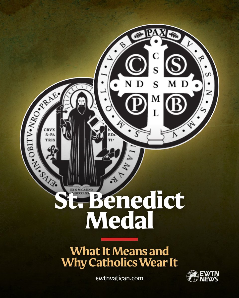 EWTNVatican's tweet photo. July 11 is the Feast of St. Benedict — and millions of Catholics around the world wear his medal. But do you know what it actually means?

Known as the "devil-chasing medal," the St. Benedict Medal is one of the most powerful sacramentals in the Catholic Church. Its power comes not from the object itself, but from Christ, who works through the faith of the one who uses it.

The Front:

St. Benedict holds a cross. At his side are a broken cup—after monks tried to poison him, it shattered when he blessed it—and a raven carrying away a poisoned loaf, another failed attempt on his life. Around the edge is the inscription:

Eius in obitu nostro praesentia muniamur

"May we be strengthened by his presence in our hour of death."

The Back:

A large cross bears the initials of the famous prayer:

C.S.P.B. – Crux Sancti Patris Benedicti
"The Cross of our Holy Father Benedict."
C.S.S.M.L. – Crux Sacra Sit Mihi Lux
"May the Holy Cross be my light."

N.D.S.M.D. – Non Draco Sit Mihi Dux
"May the dragon not be my guide."
Around the border is the exorcism prayer:

V.R.S. – Vade Retro, Satana!
"Begone, Satan!"
N.S.M.V. – Numquam Suade Mihi Vana!
"Never tempt me with your vanities!"

S.M.Q.L. – Sunt Mala Quae Libas.
"What you offer is evil."

I.V.B. – Ipse Venena Bibas!
"Drink your own poison!"
At the bottom is a single word:

PAX — Peace.
The medal was formally approved by Pope Benedict XIV in 1742. It became widely known after the miraculous healing of a young man named Brunone, who later entered the Benedictine Order and eventually became Pope St. Leo IX.

St. Benedict, pray for us! 🙏