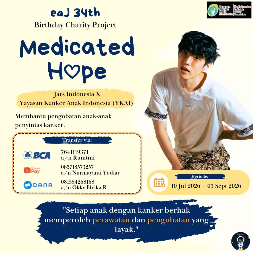 sappheirosteam's tweet photo. 🎗𝙴𝙰𝙹 𝟹𝟺 𝙼𝙴𝙳𝙸𝙲𝙰𝚃𝙴𝙳 𝙷𝙾𝙿𝙴🎗

Kembali ke perjalanan pertama #eaJCharity. 💙
Bersama @kankeranakindo1  (YKAI), kami mengajak seluruh Jars untuk ikut mendukung pengobatan dan perawatan anak-anak penyintas kanker di bawah naungan Yayasan Kanker Anak Indonesia sebagai bentuk kasih sayang dan kepedulian dalam rangka ulang tahun ke-34 eaJ (@eaJPark).

Selain donasi tunai, kami juga menerima donasi berupa barang sesuai dengan ketentuan yang tercantum pada poster.

Setiap dukungan, sekecil apa pun, akan sangat berarti bagi anak-anak dan keluarga yang sedang berjuang. Mari kita salurkan kebaikan bersama.

Link donasi:
https://t.co/5zqizlXW5x

#eaJPark #eaJCharity #HappyeaJDay